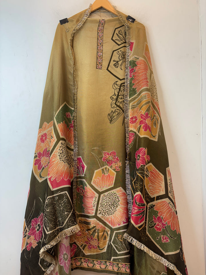 Shimmer Tissue Floral Unstitched Suit Set with Dabka &amp; Swarovski Highlights