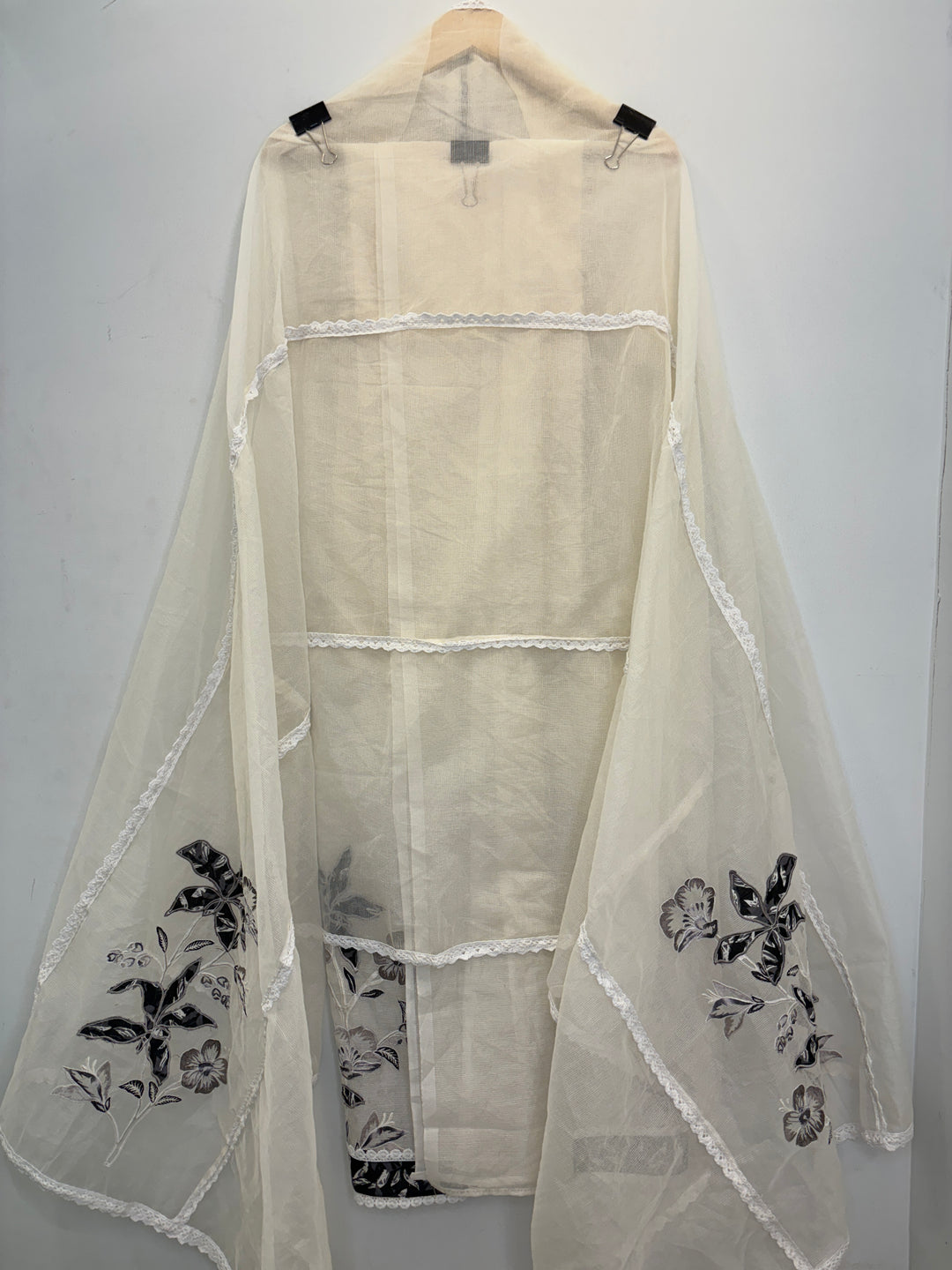 Ivory Kota Unstitched Suit with Applique &amp; Lace Detailing