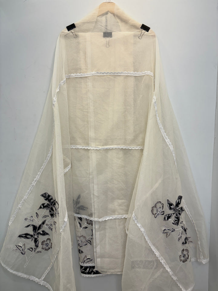 Ivory Kota Unstitched Suit with Applique &amp; Lace Detailing