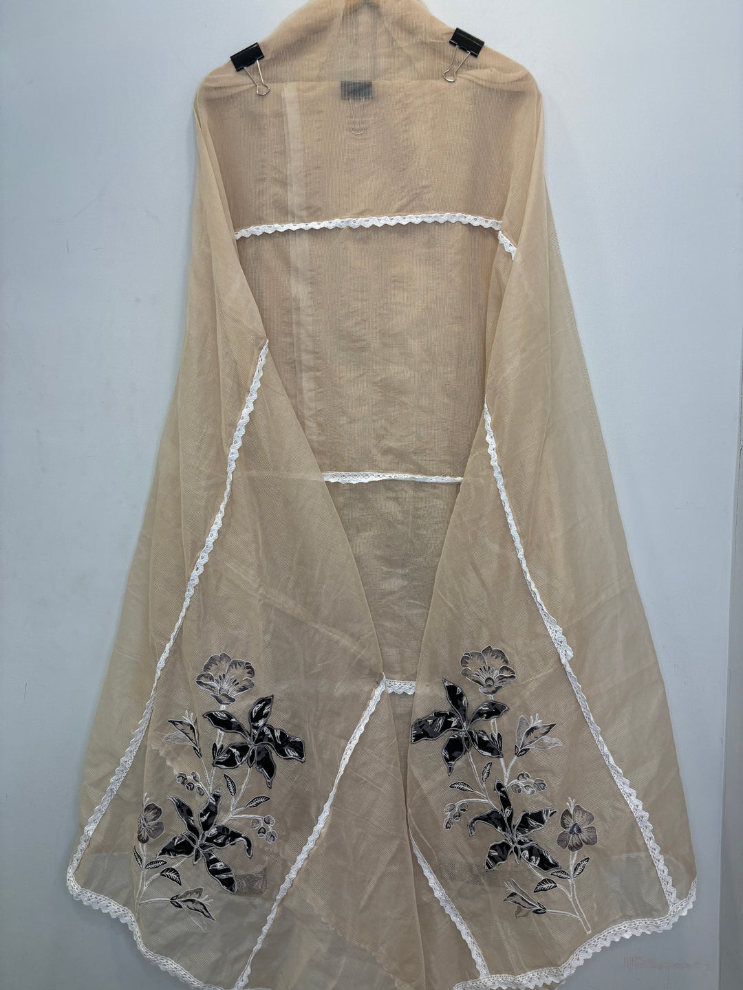 Beige Kota Unstitched Suit with Applique &amp; Lace Detailing