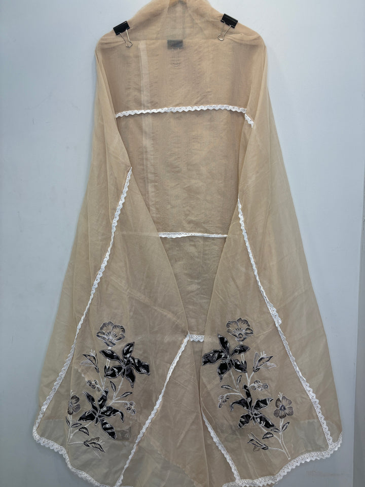 Beige Kota Unstitched Suit with Applique &amp; Lace Detailing