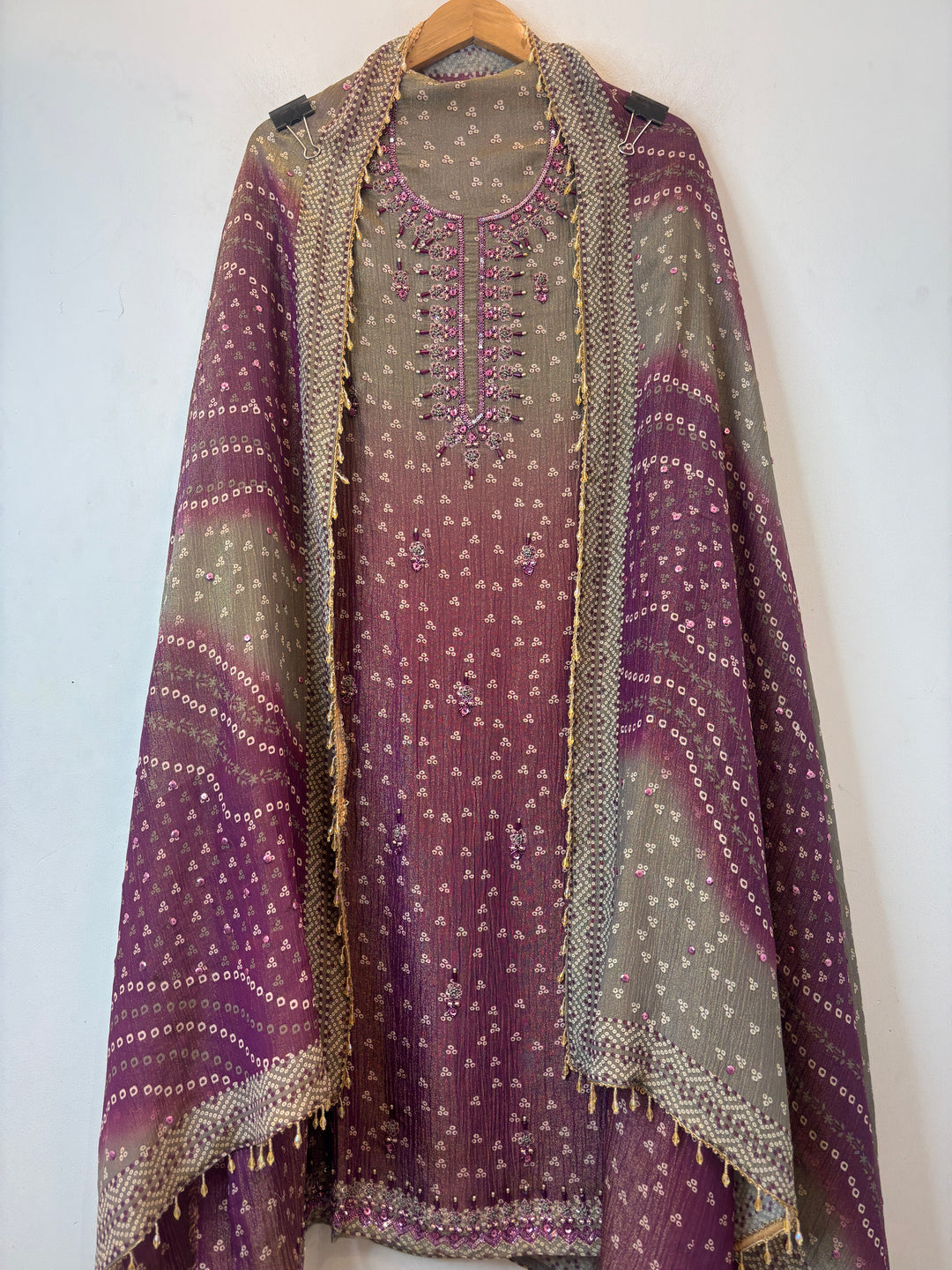 Ombre Bandhani Shimmer Tissue Suit Set with Cutdana Work