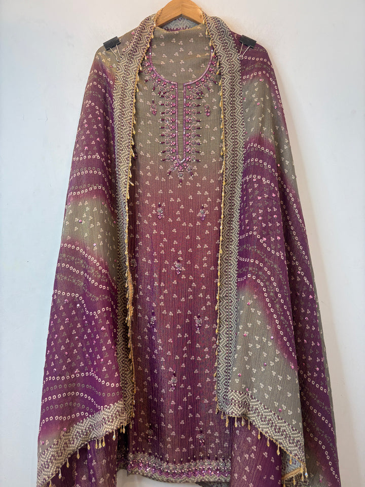 Ombre Bandhani Shimmer Tissue Suit Set with Cutdana Work