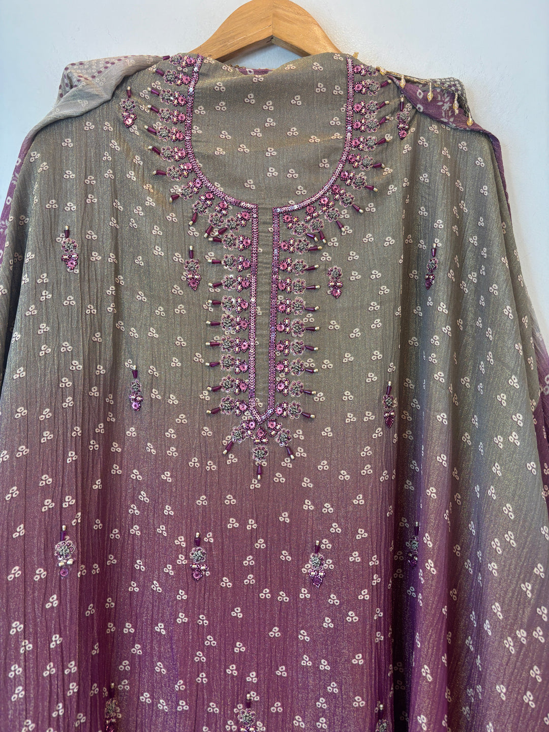 Ombre Bandhani Shimmer Tissue Suit Set with Cutdana Work