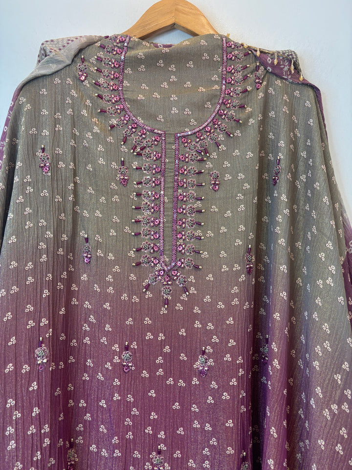 Ombre Bandhani Shimmer Tissue Suit Set with Cutdana Work