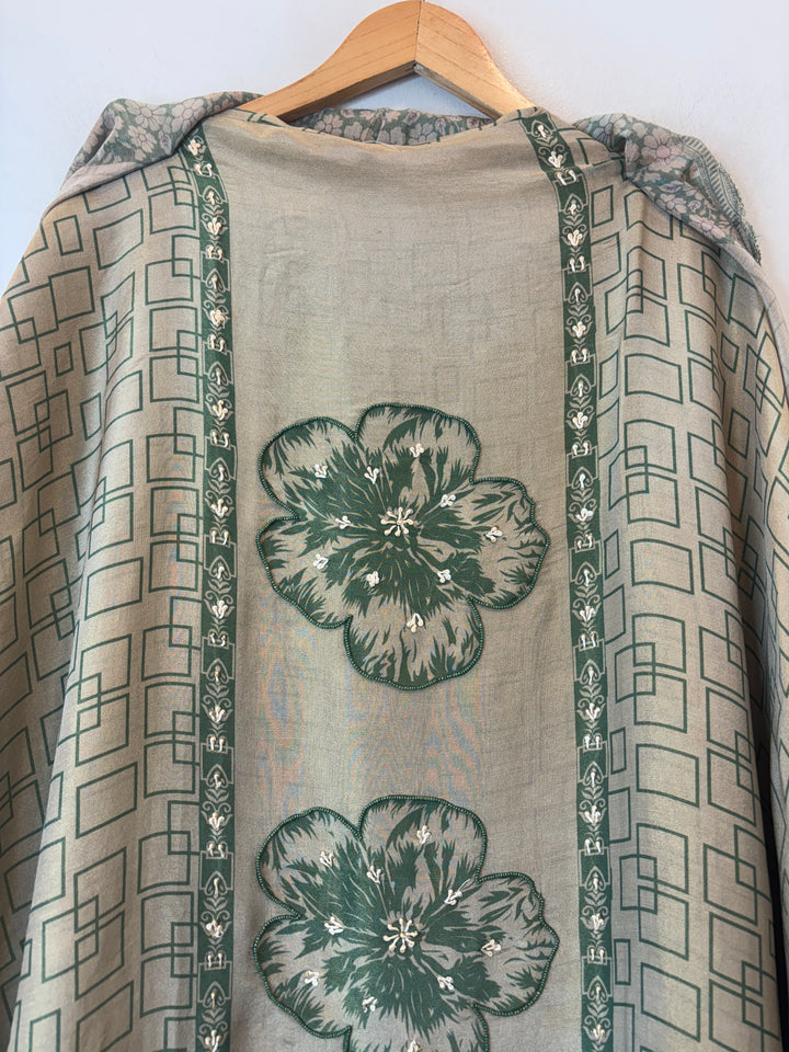 Sage Green Champagne Beige Shimmer Tissue Suit Set with Floral Beadwork