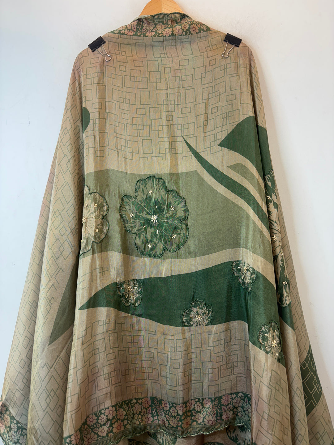 Sage Green Champagne Beige Shimmer Tissue Suit Set with Floral Beadwork