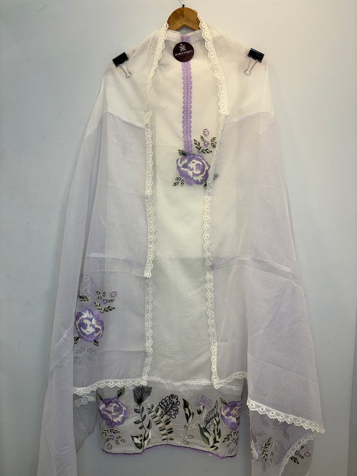 Purple Kota Unstitched Suit with Embroidery &amp; Lace Detailing
