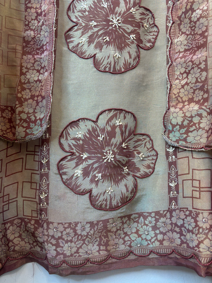 Purple Champagne Beige Shimmer Tissue Suit Set with Floral Beadwork