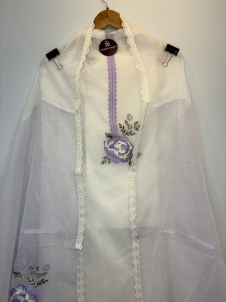 Purple Kota Unstitched Suit with Embroidery &amp; Lace Detailing