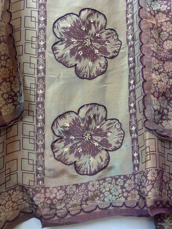 Brick Champagne Beige Shimmer Tissue Suit Set with Floral Beadwork
