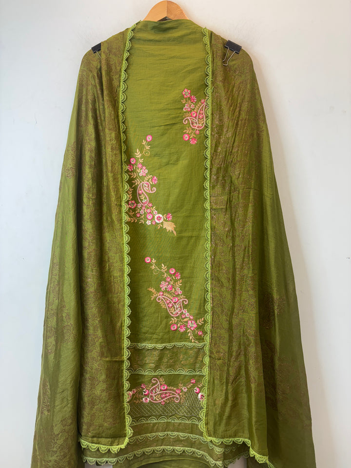 Green Cotton Block Printed Suit Set with Ambi Embroidery
