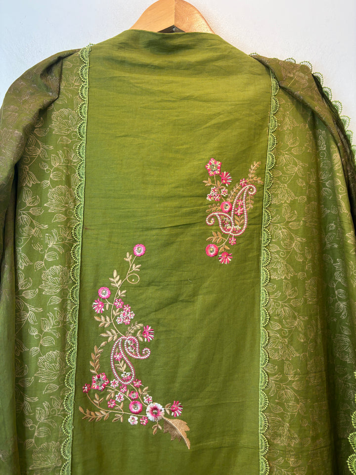 Green Cotton Block Printed Suit Set with Ambi Embroidery