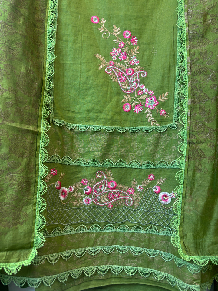 Green Cotton Block Printed Suit Set with Ambi Embroidery