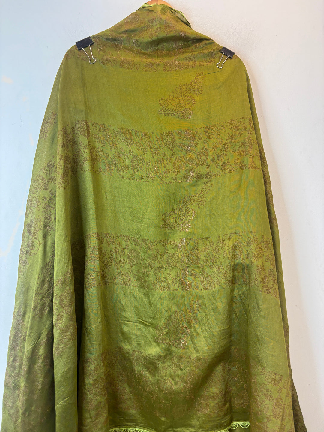 Green Cotton Block Printed Suit Set with Ambi Embroidery