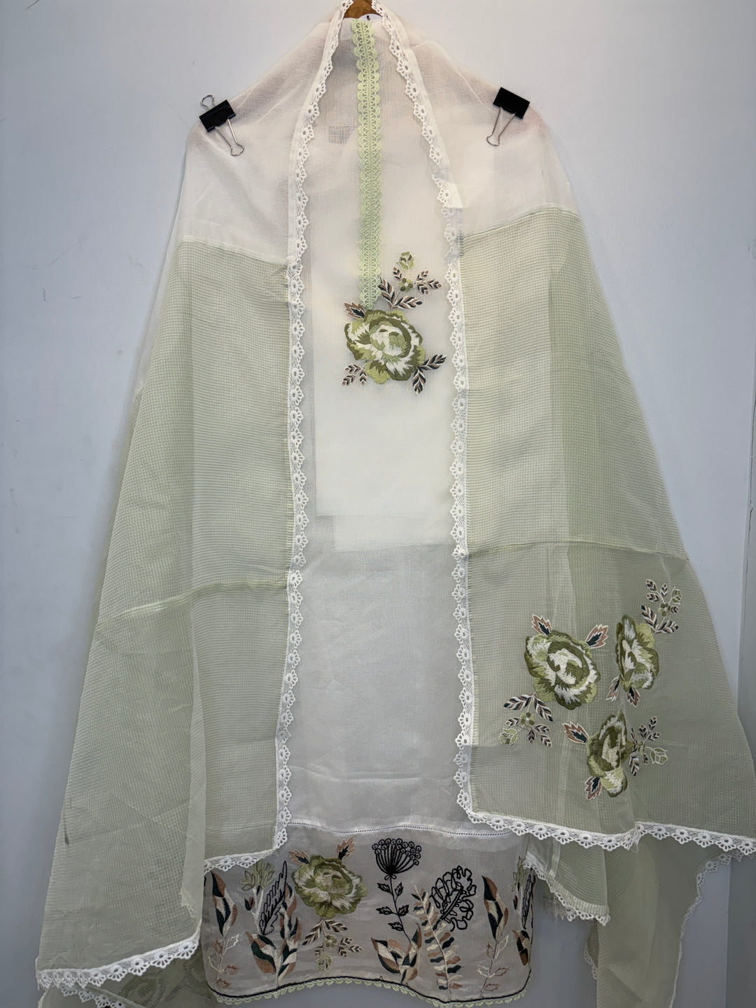Kota Unstitched Suit with Embroidery &amp; Lace Detailing