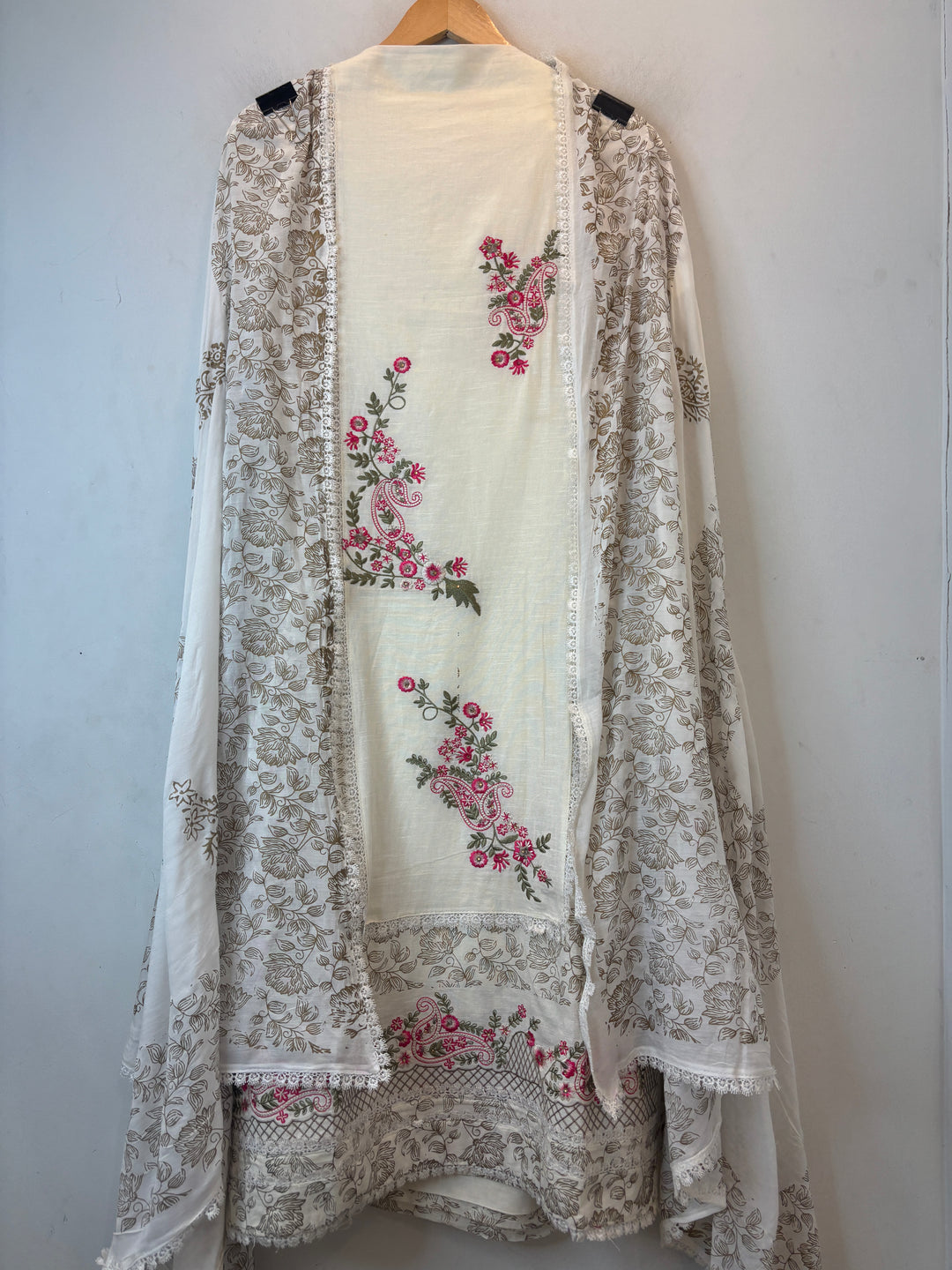Ivory Cotton Block Printed Suit Set with Ambi Embroidery