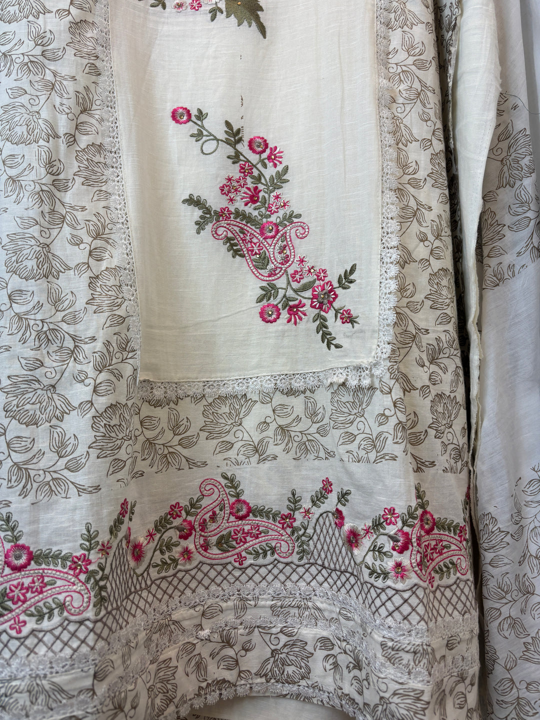 Ivory Cotton Block Printed Suit Set with Ambi Embroidery
