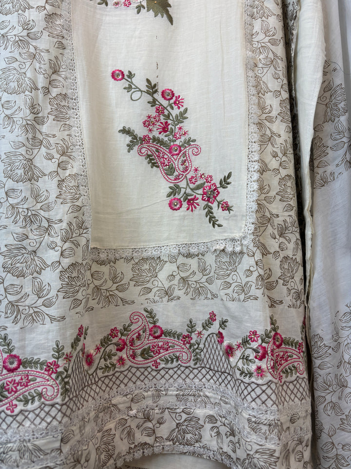 Ivory Cotton Block Printed Suit Set with Ambi Embroidery