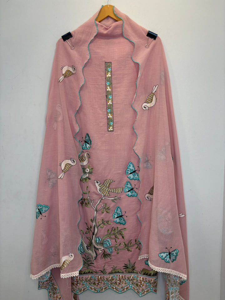 Pink Mul Cotton Unstitched Suit with Embroidery &amp; Cutwork Detailing