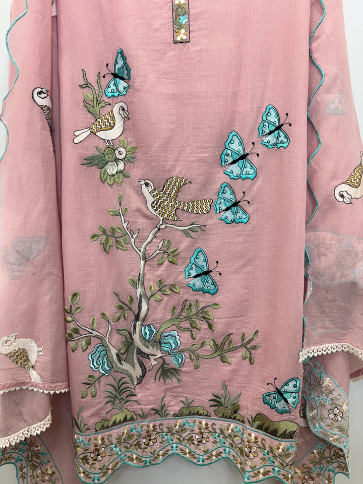 Pink Mul Cotton Unstitched Suit with Embroidery &amp; Cutwork Detailing