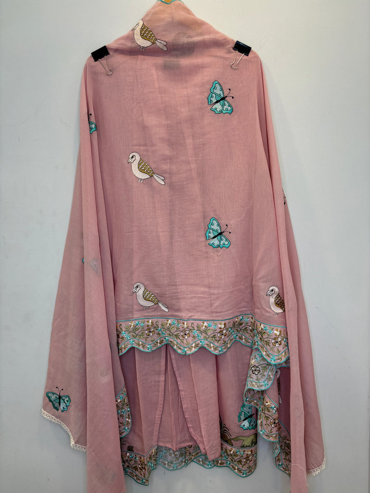 Pink Mul Cotton Unstitched Suit with Embroidery &amp; Cutwork Detailing
