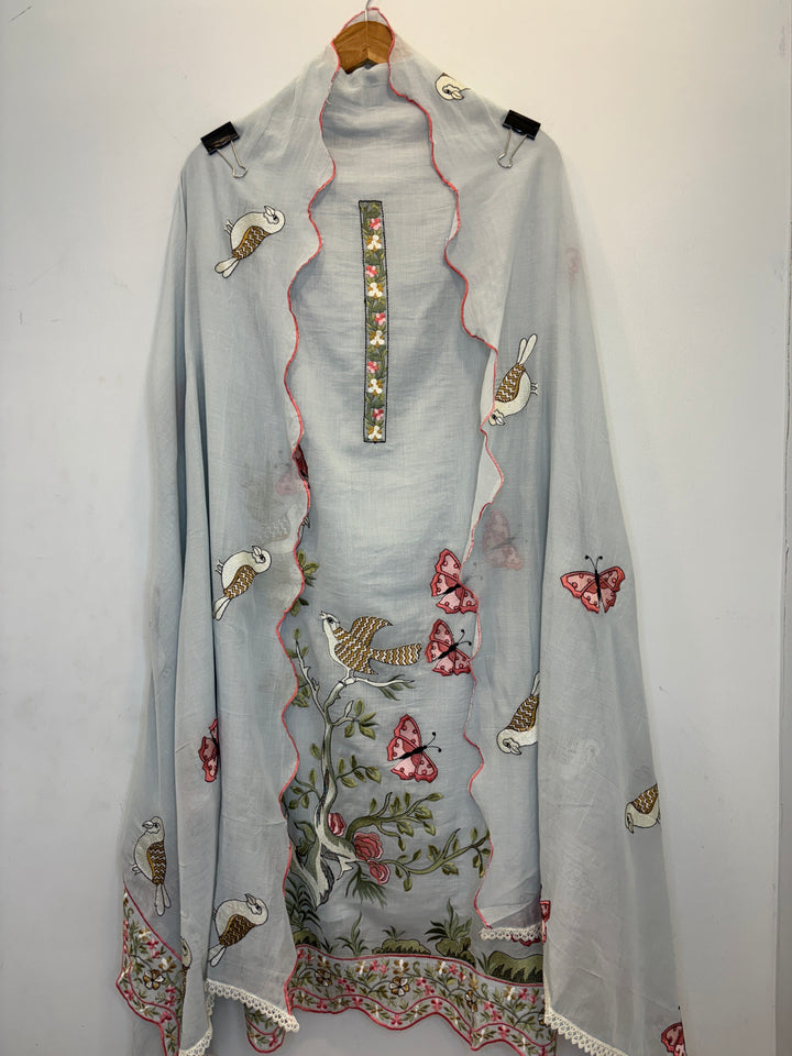 Grey Mul Cotton Unstitched Suit with Embroidery &amp; Cutwork Detailing