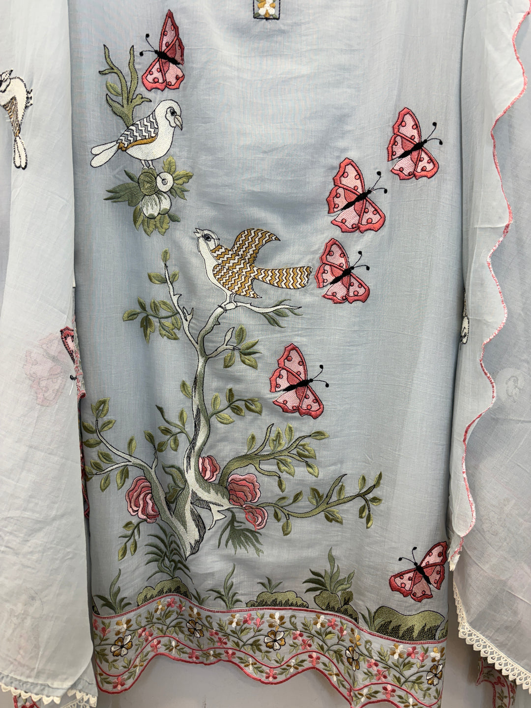 Grey Mul Cotton Unstitched Suit with Embroidery &amp; Cutwork Detailing