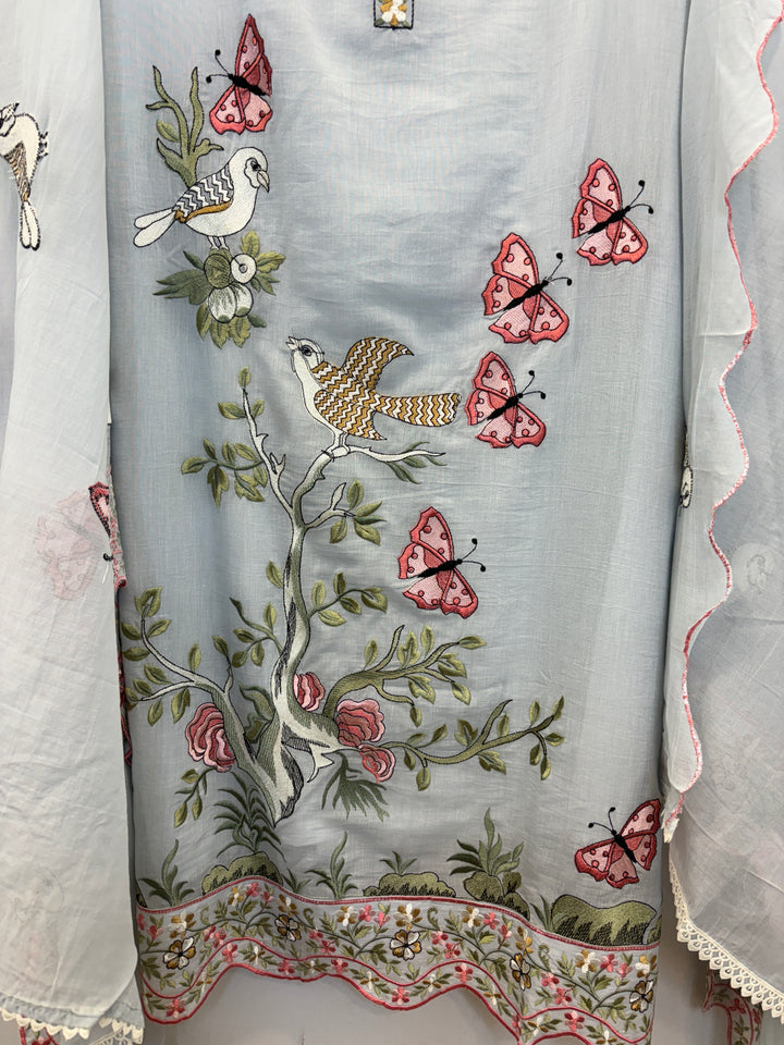 Grey Mul Cotton Unstitched Suit with Embroidery &amp; Cutwork Detailing
