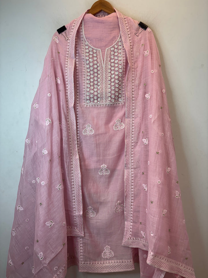 Pink Mul Cotton Embroidered Suit Set with Pearl &amp; Zari Detailing