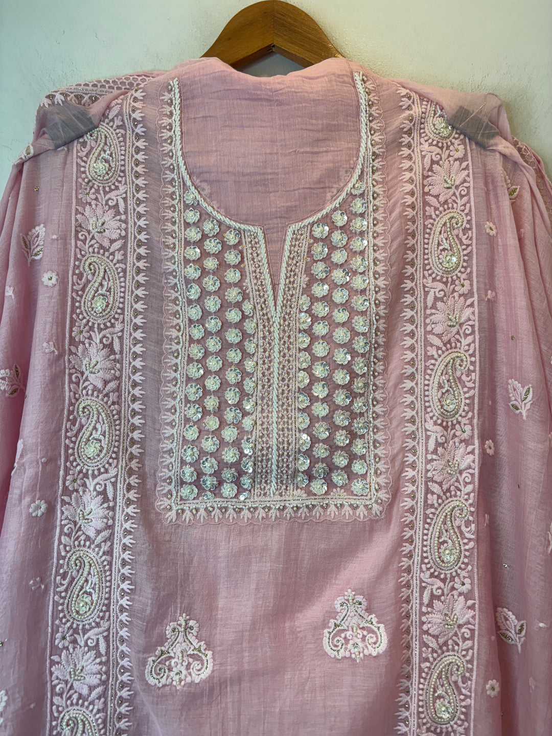 Pink Mul Cotton Embroidered Suit Set with Pearl &amp; Zari Detailing