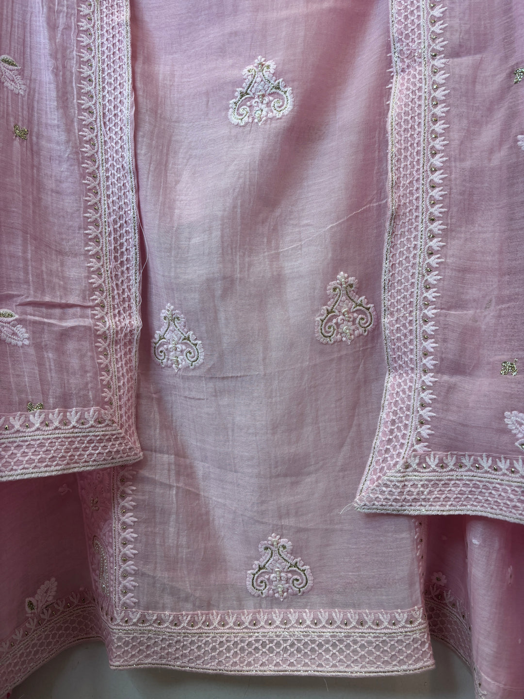 Pink Mul Cotton Embroidered Suit Set with Pearl &amp; Zari Detailing