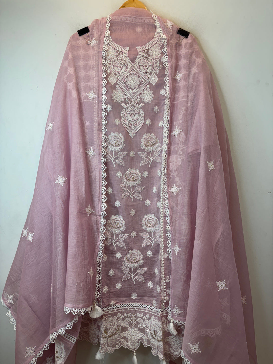 Pink Mul Cotton Embroidered Suit Set with Cutwork &amp; Tassel Detailing