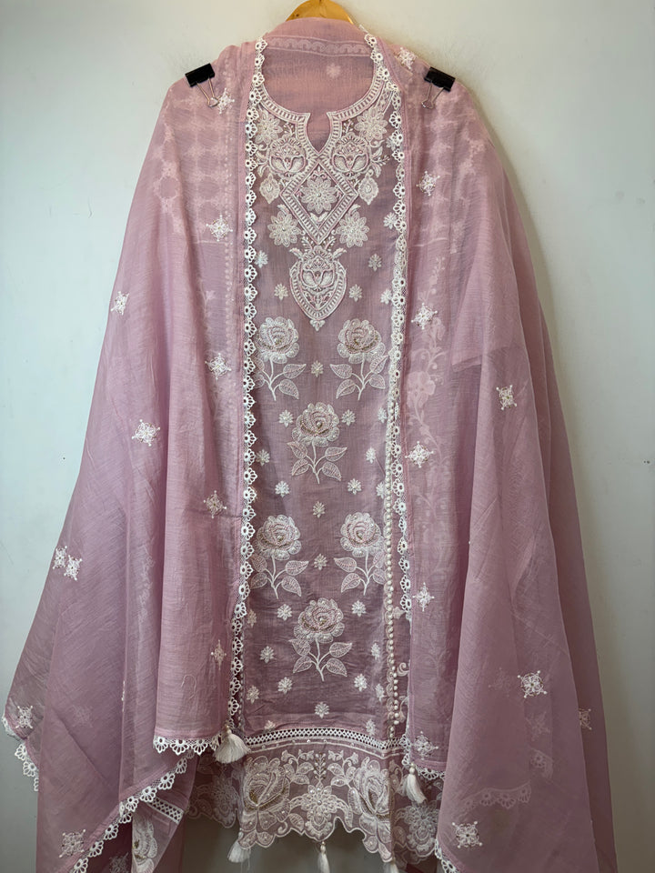 Pink Mul Cotton Embroidered Suit Set with Cutwork &amp; Tassel Detailing