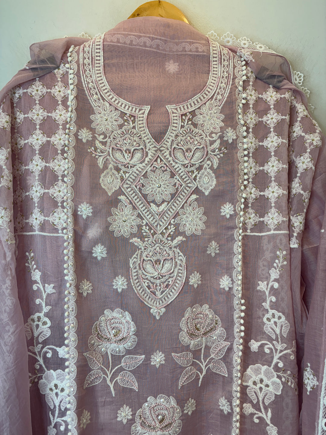 Pink Mul Cotton Embroidered Suit Set with Cutwork &amp; Tassel Detailing