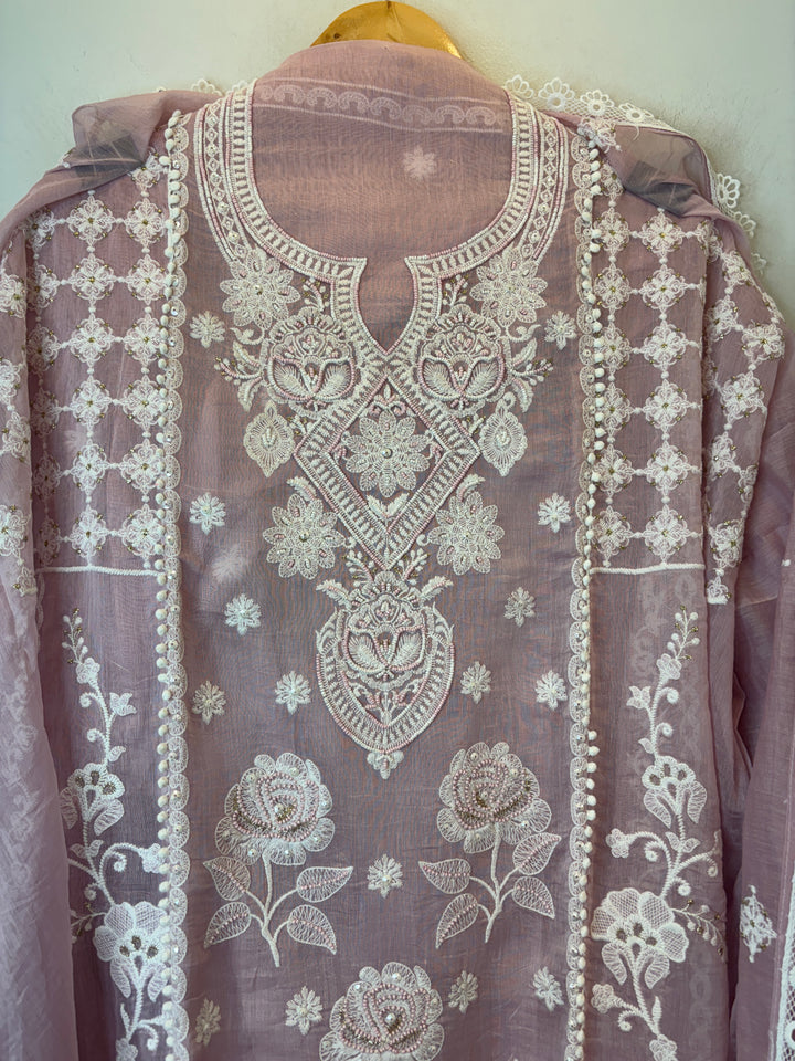 Pink Mul Cotton Embroidered Suit Set with Cutwork &amp; Tassel Detailing