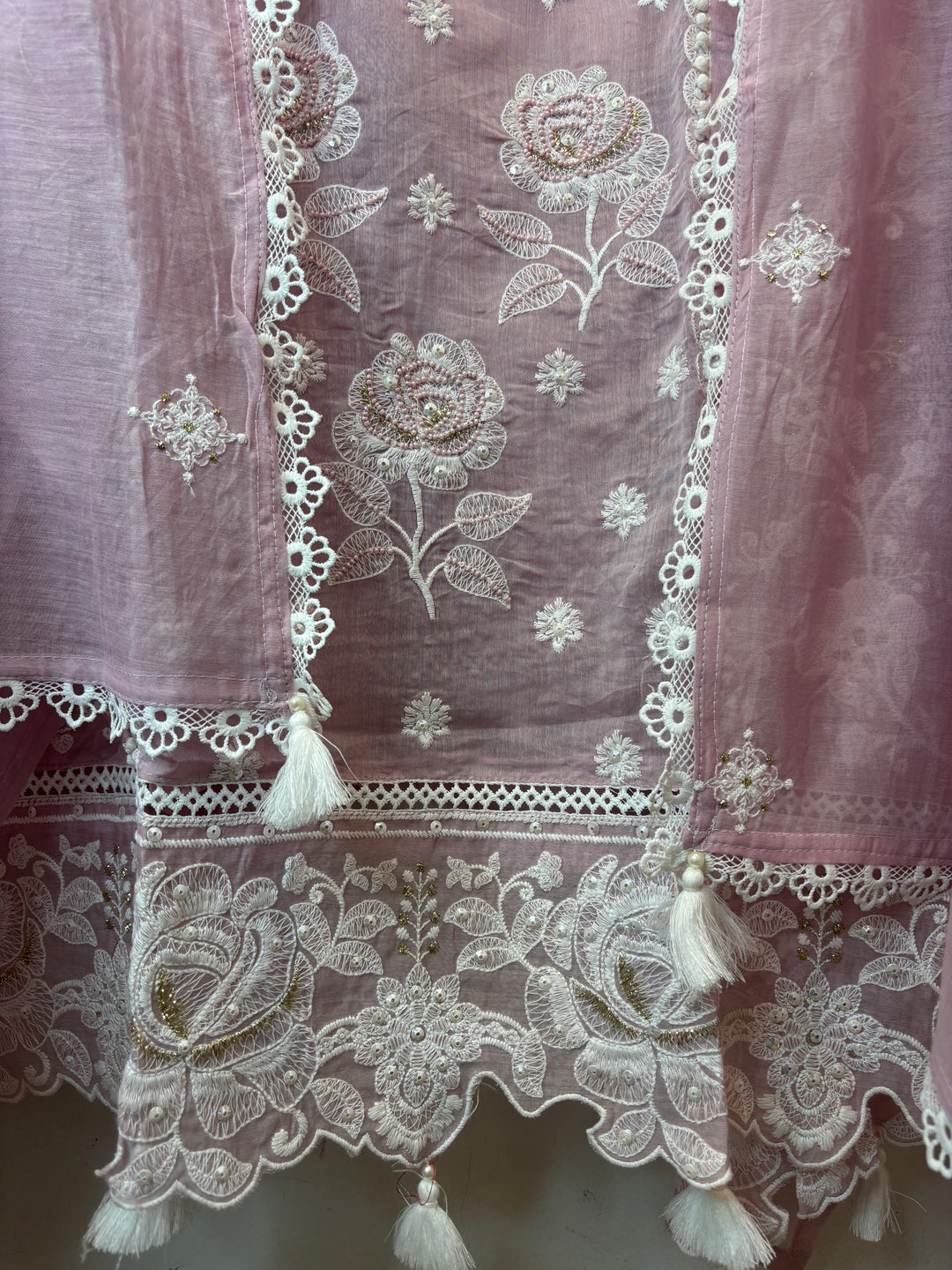 Pink Mul Cotton Embroidered Suit Set with Cutwork &amp; Tassel Detailing