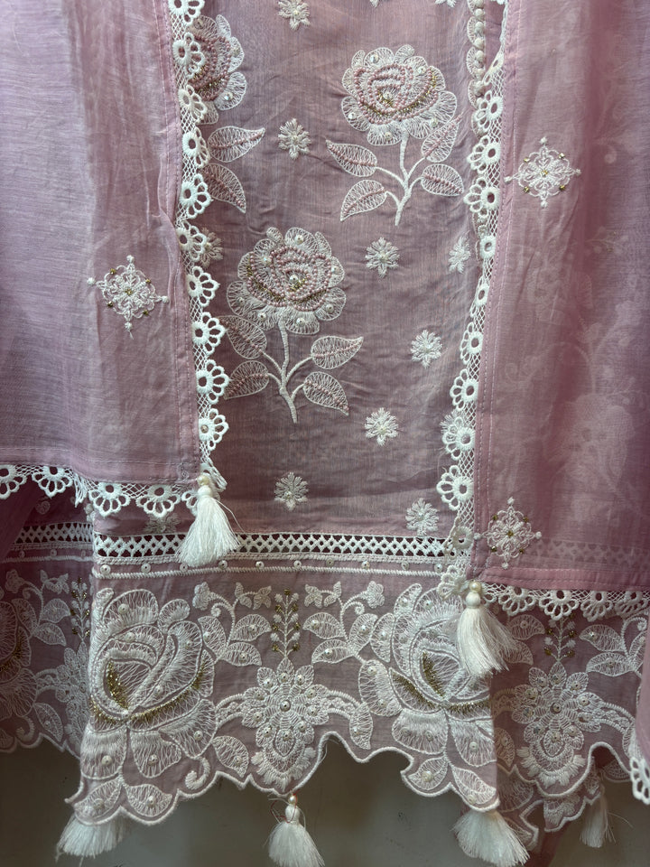 Pink Mul Cotton Embroidered Suit Set with Cutwork &amp; Tassel Detailing