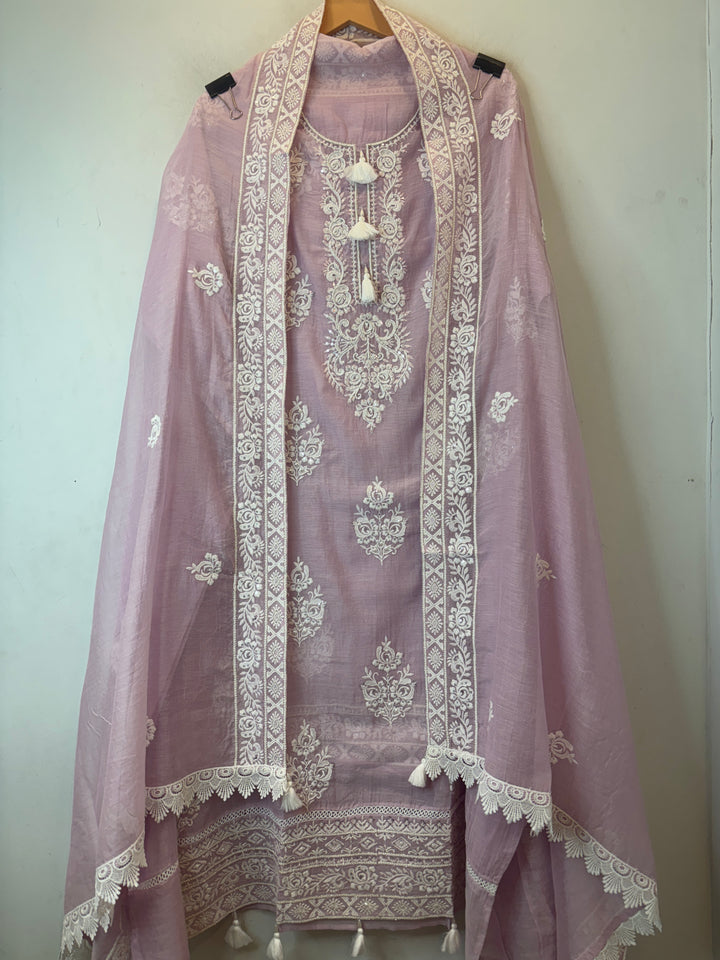 Pink Mul Cotton Embroidered Suit Set with Pearl Tassel &amp; Crochet Lace Detailing