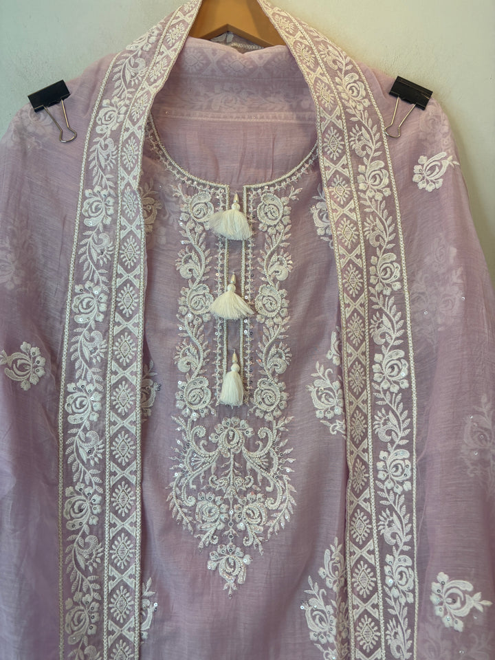 Pink Mul Cotton Embroidered Suit Set with Pearl Tassel &amp; Crochet Lace Detailing