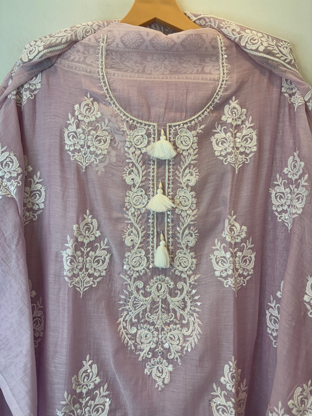 Pink Mul Cotton Embroidered Suit Set with Pearl Tassel &amp; Crochet Lace Detailing
