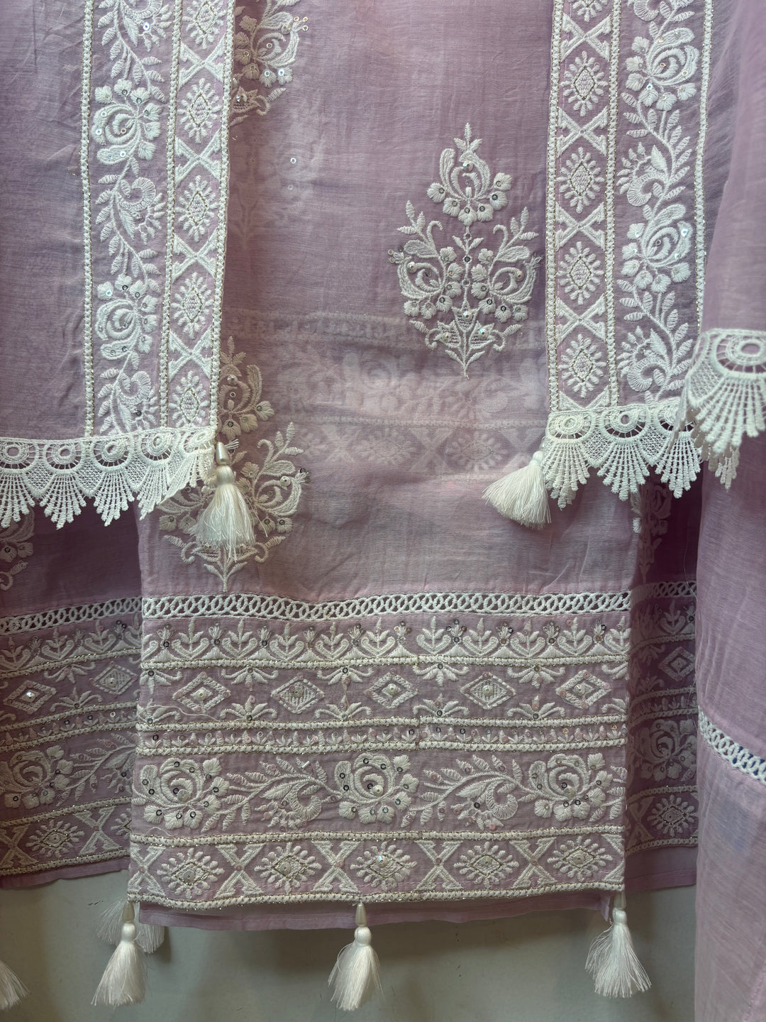 Pink Mul Cotton Embroidered Suit Set with Pearl Tassel &amp; Crochet Lace Detailing