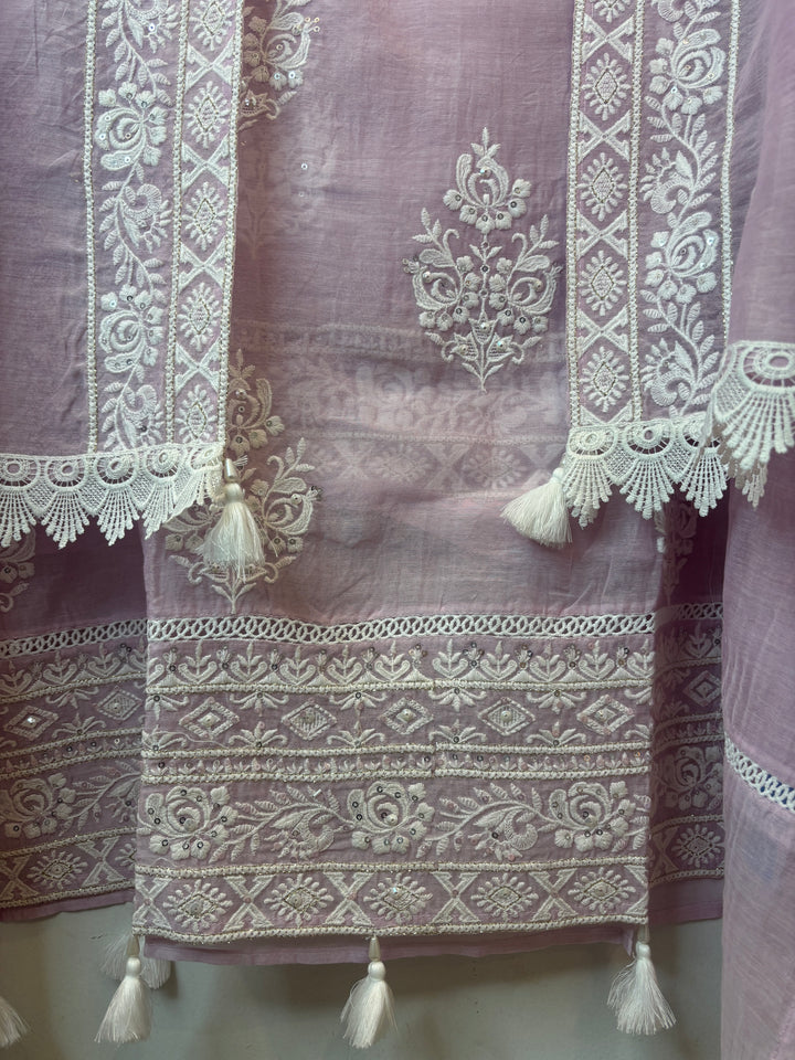 Pink Mul Cotton Embroidered Suit Set with Pearl Tassel &amp; Crochet Lace Detailing