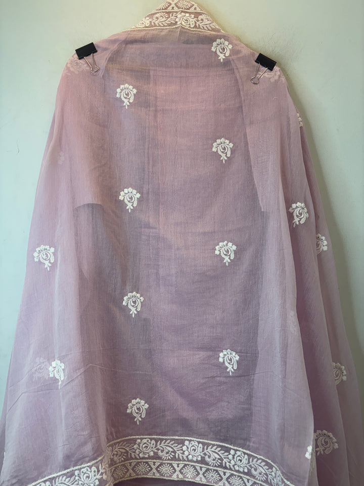 Pink Mul Cotton Embroidered Suit Set with Pearl Tassel &amp; Crochet Lace Detailing