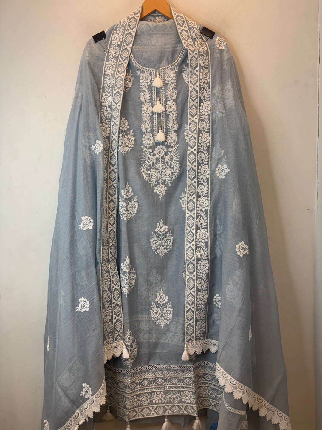 Blue Mul Cotton Embroidered Suit Set with Pearl Tassel &amp; Crochet Lace Detailing