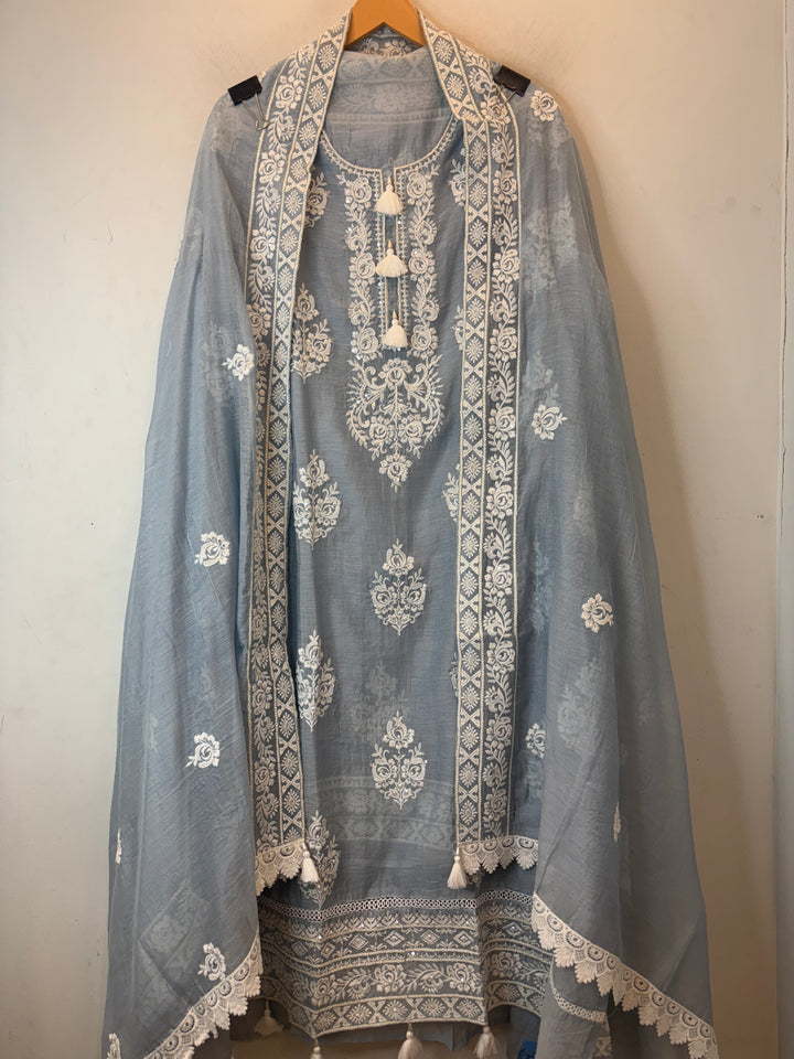Blue Mul Cotton Embroidered Suit Set with Pearl Tassel &amp; Crochet Lace Detailing