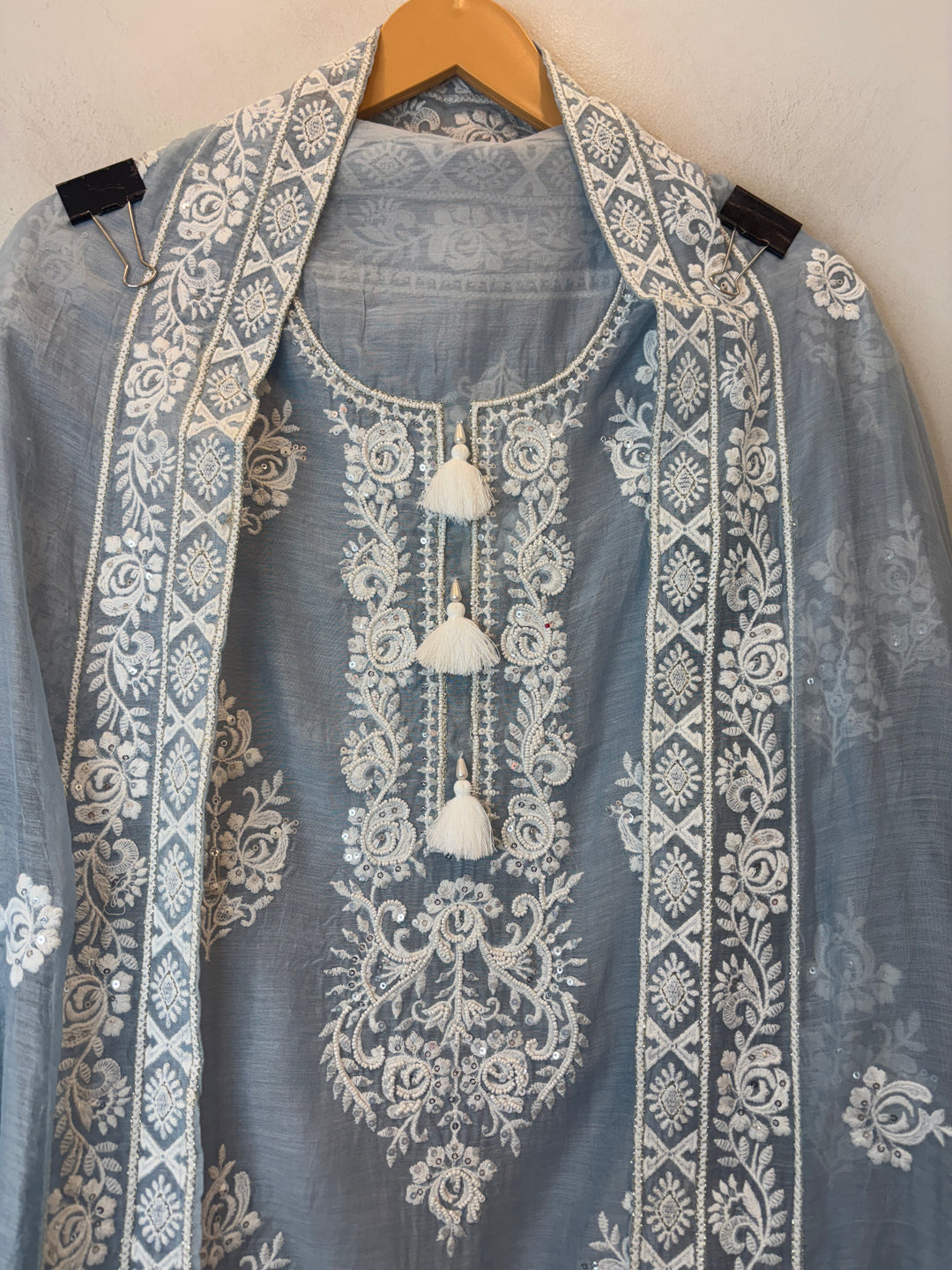 Blue Mul Cotton Embroidered Suit Set with Pearl Tassel &amp; Crochet Lace Detailing