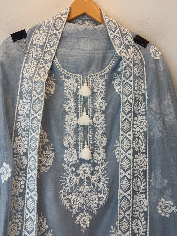 Blue Mul Cotton Embroidered Suit Set with Pearl Tassel &amp; Crochet Lace Detailing