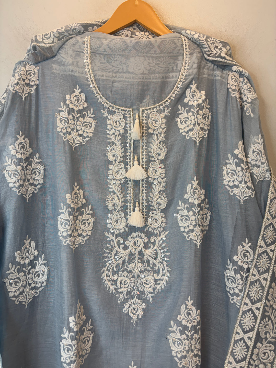 Blue Mul Cotton Embroidered Suit Set with Pearl Tassel &amp; Crochet Lace Detailing