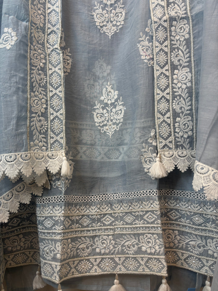 Blue Mul Cotton Embroidered Suit Set with Pearl Tassel &amp; Crochet Lace Detailing
